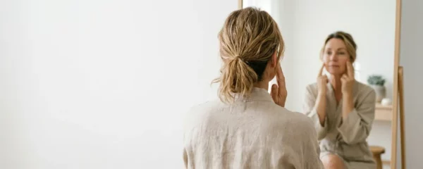 Femme pratiquant la gymnastique faciale devant un miroir avec une lumiere naturelle