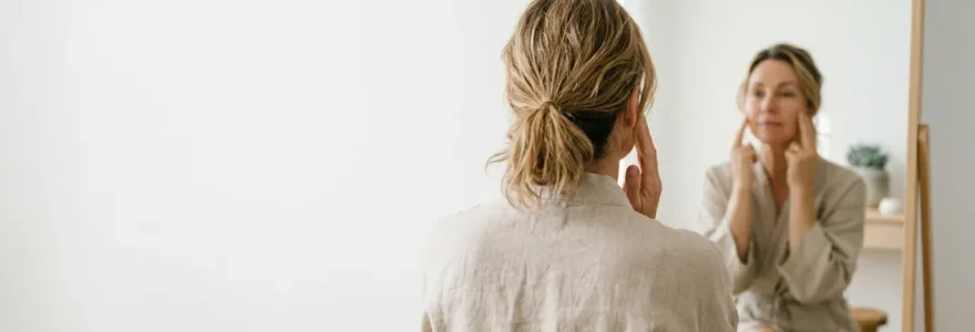 Femme pratiquant la gymnastique faciale devant un miroir avec une lumiere naturelle