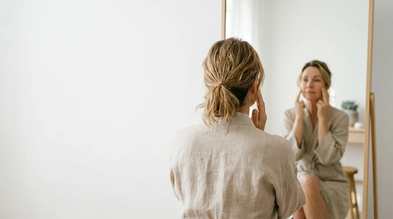 Femme pratiquant la gymnastique faciale devant un miroir avec une lumiere naturelle