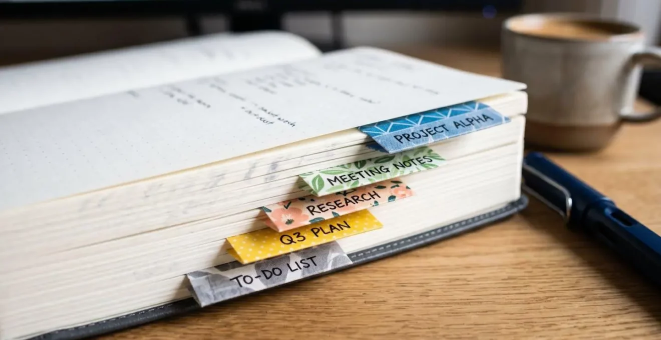 Gros plan sur des index en washi tape pliés et renforcés dépassant d'un carnet professionnel