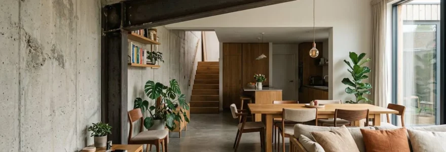 Intérieur familial moderne alliant béton ciré, poutres en acier brut et éléments chaleureux en bois et textile pour un effet industriel doux