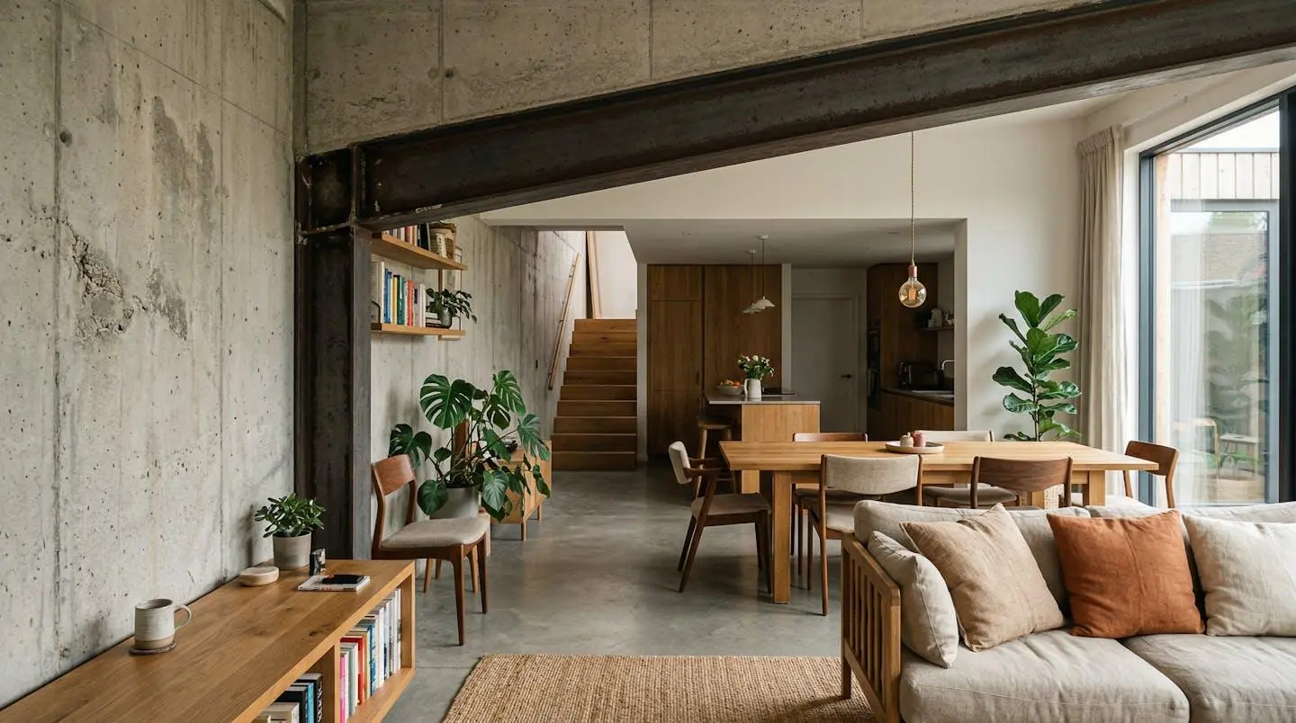 Intérieur familial moderne alliant béton ciré, poutres en acier brut et éléments chaleureux en bois et textile pour un effet industriel doux