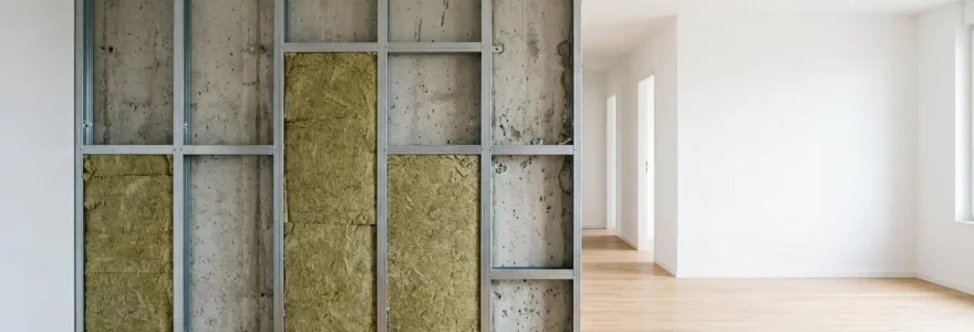 Installation d'une ossature métallique avec laine de roche pour isoler phoniquement un mur mitoyen sans perdre d'espace habitable