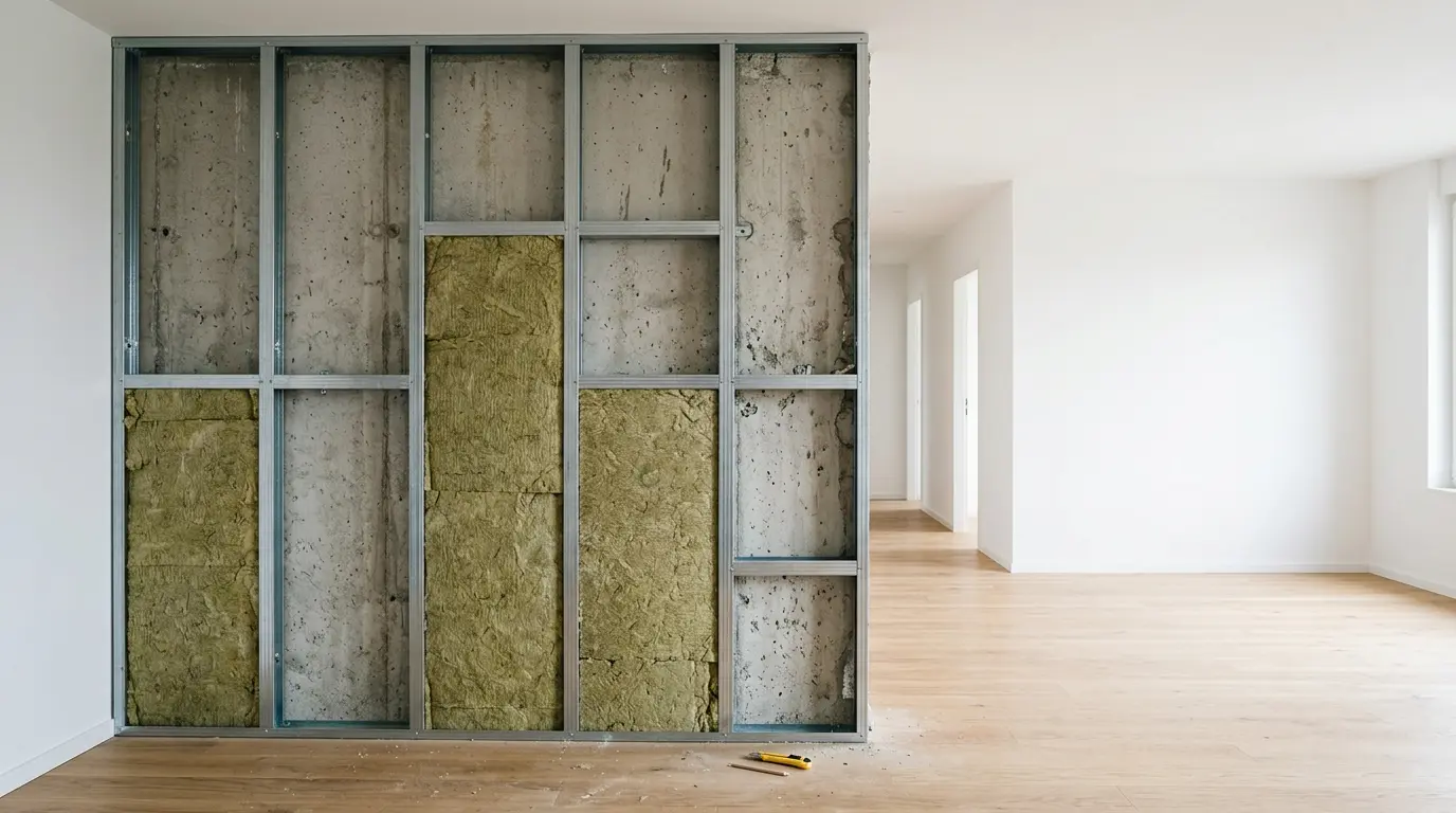 Installation d'une ossature métallique avec laine de roche pour isoler phoniquement un mur mitoyen sans perdre d'espace habitable