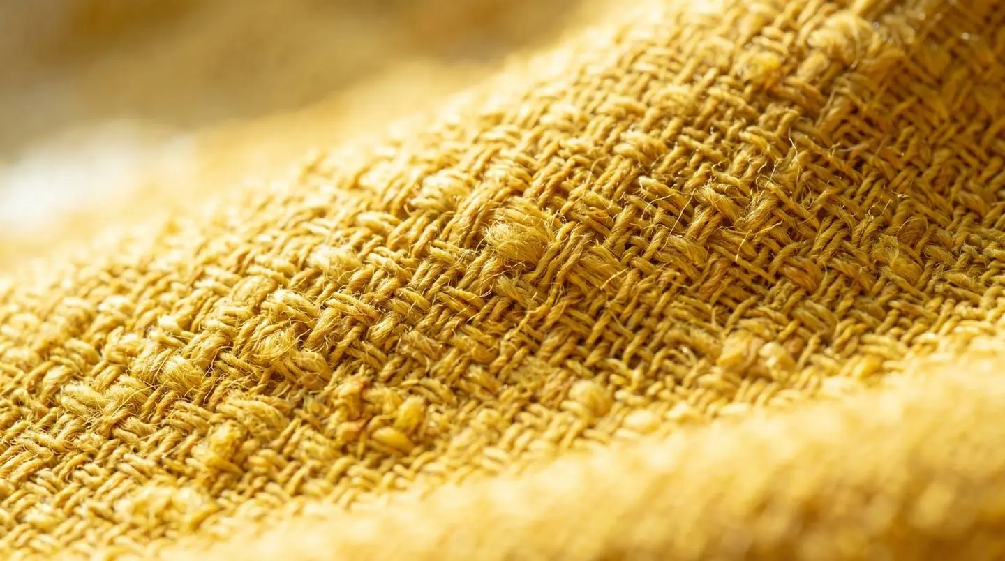 Détails macro d'un tissu jaune texturé évoquant la lumière et la clarté mentale