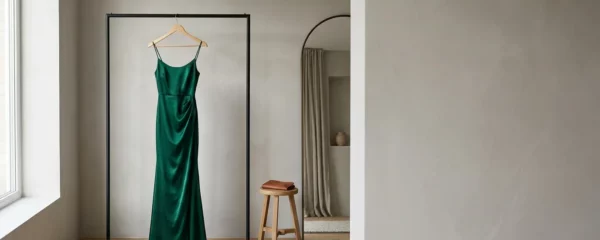 Tenue de soirée élégante suspendue dans un dressing minimaliste