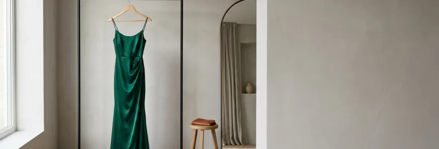 Tenue de soirée élégante suspendue dans un dressing minimaliste