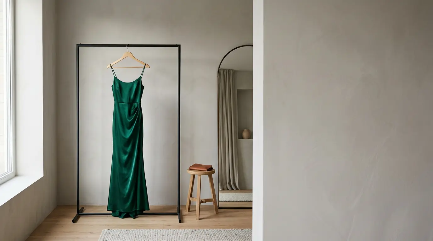 Tenue de soirée élégante suspendue dans un dressing minimaliste