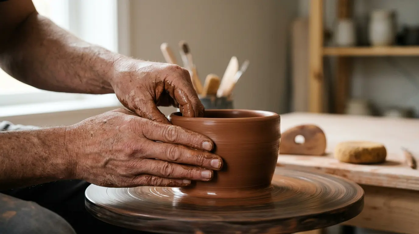 Gros plan sur des mains modelant de l'argile fraîche avec une lumière naturelle douce
