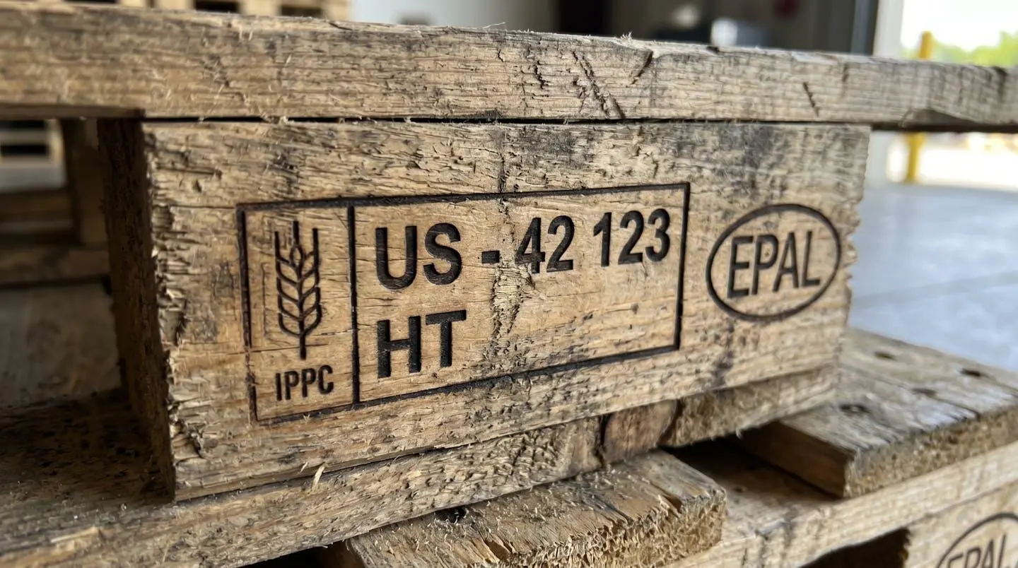 Gros plan sur les marquages gravés d'une palette en bois montrant les codes de traitement thermique