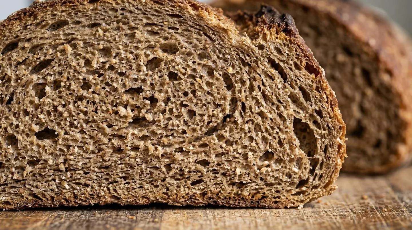Gros plan macro sur la texture et structure de pain complet industriel montrant la finesse de la mouture
