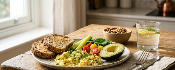Composition d'un petit-déjeuner salé équilibré avec œufs, légumes frais et pain complet sur une table