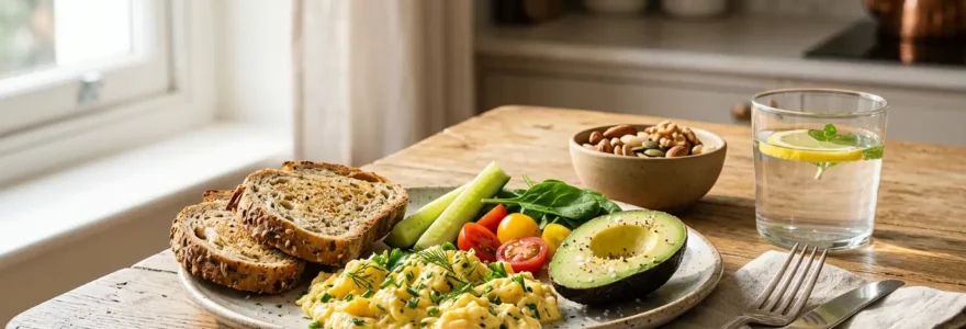 Composition d'un petit-déjeuner salé équilibré avec œufs, légumes frais et pain complet sur une table