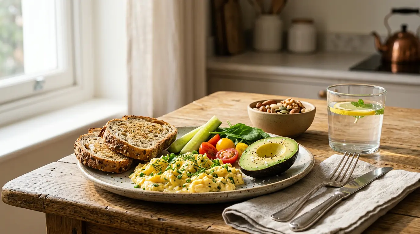 Composition d'un petit-déjeuner salé équilibré avec œufs, légumes frais et pain complet sur une table
