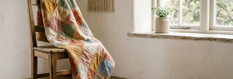 Plaid en patchwork artisanal avec carrés de tissus colorés disposés harmonieusement