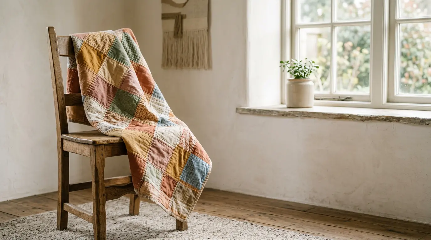 Plaid en patchwork artisanal avec carrés de tissus colorés disposés harmonieusement