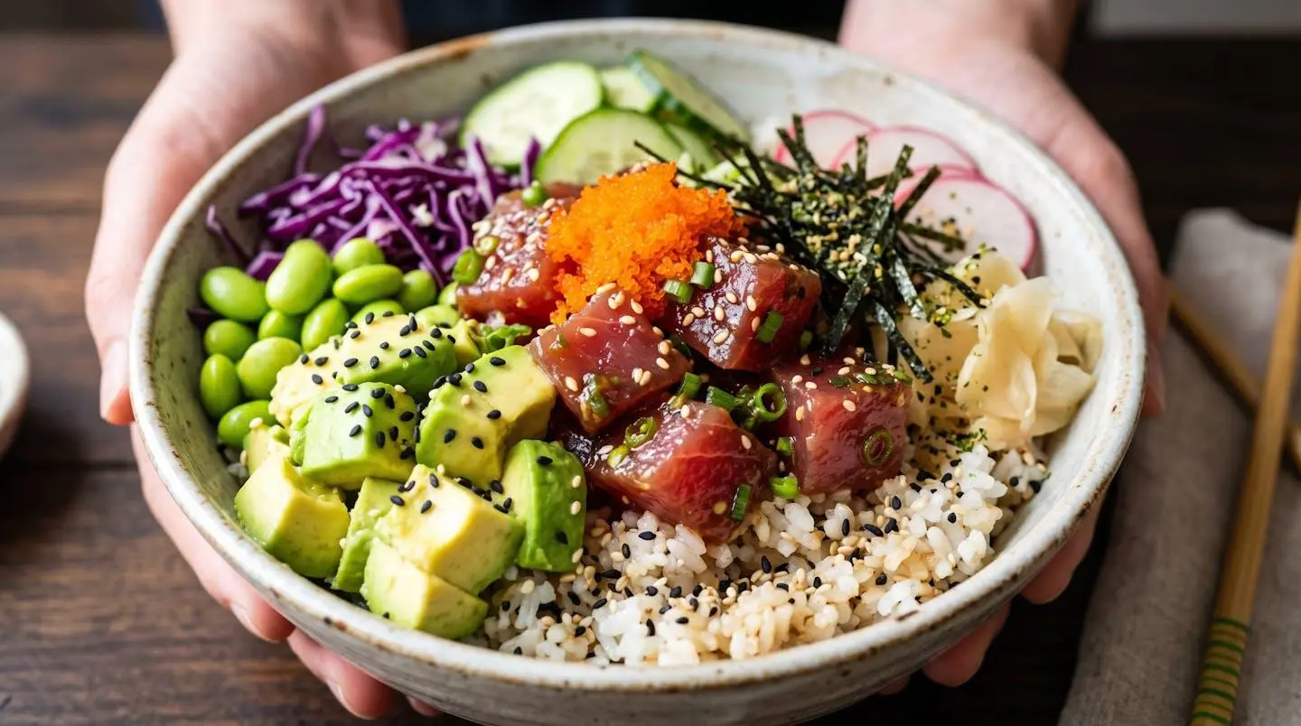 Gros plan sur les ingrédients frais d'un poke bowl de qualité