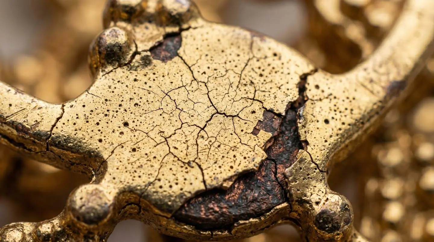 Vue macro des micro-fissures et de la porosité d'un placage doré sur un bijou fantaisie révélant la structure métallique sous-jacente