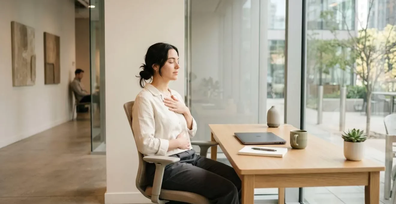 Scène minimaliste évoquant le calme et la respiration consciente dans un environnement professionnel