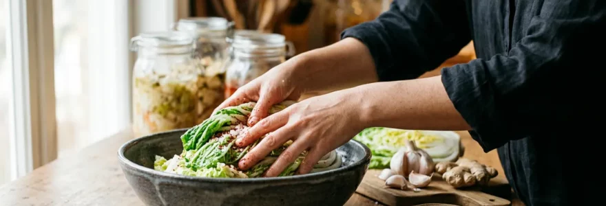 Préparation de kimchi maison dans une cuisine avec légumes frais et bocaux de fermentation