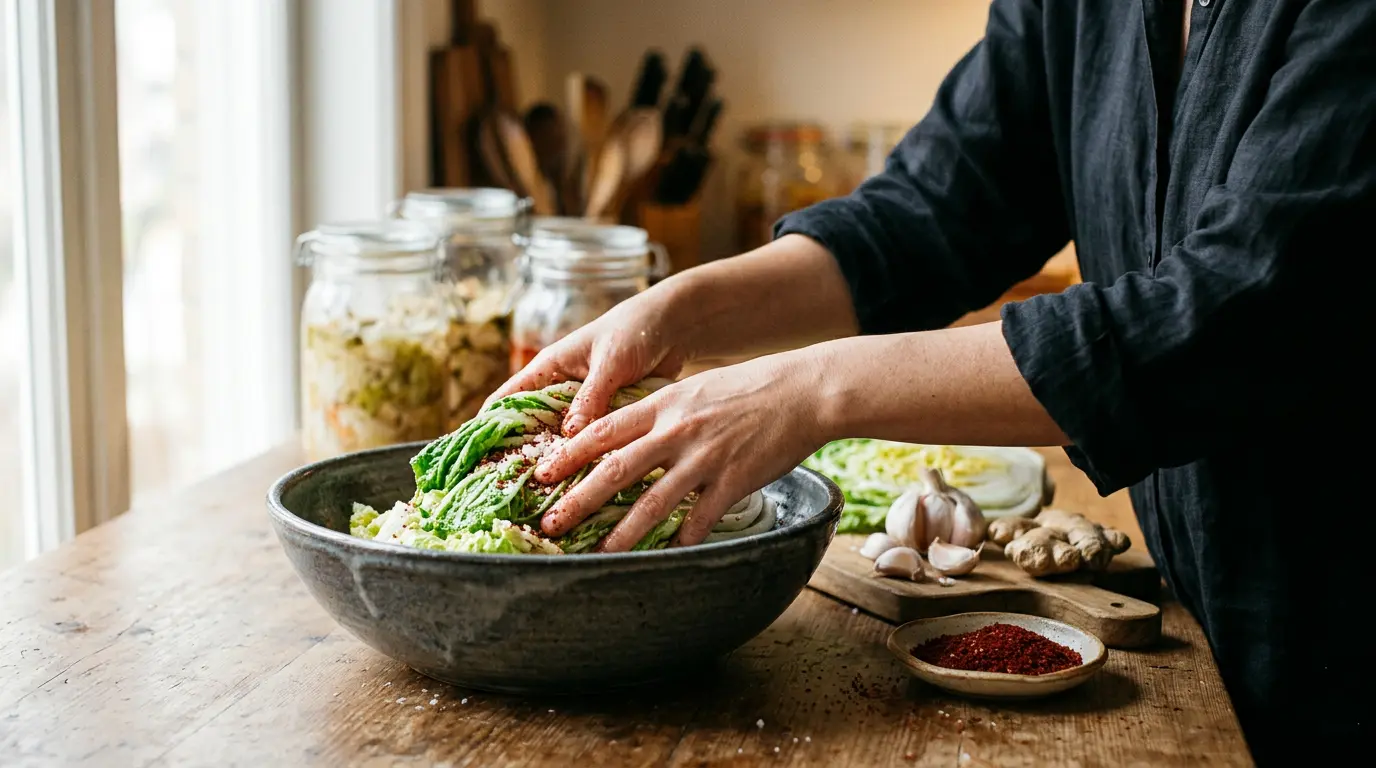Préparation de kimchi maison dans une cuisine avec légumes frais et bocaux de fermentation