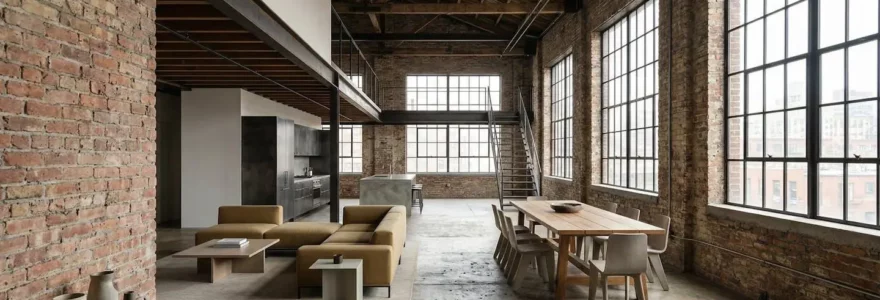 Ancien atelier industriel transformé en loft moderne avec grandes fenêtres et espaces ouverts