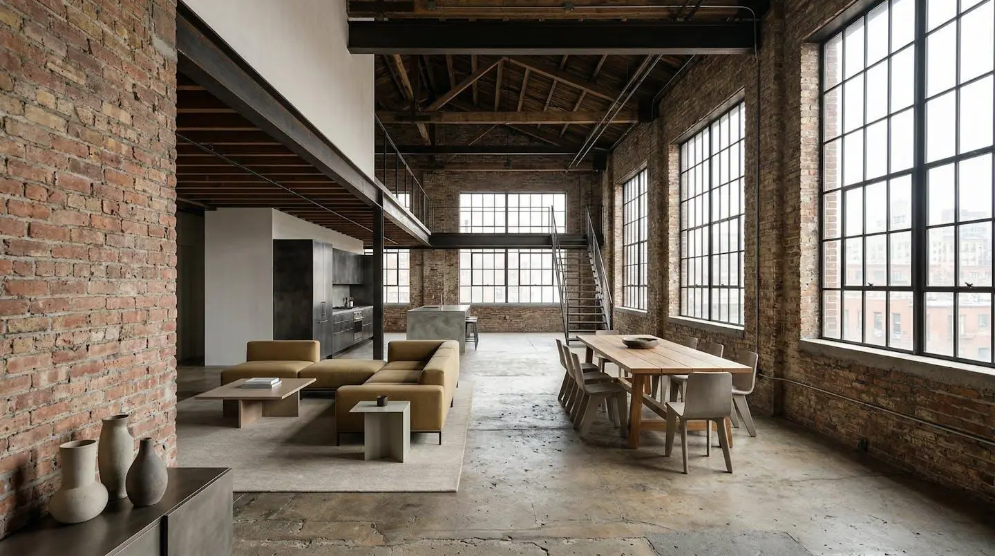 Ancien atelier industriel transformé en loft moderne avec grandes fenêtres et espaces ouverts