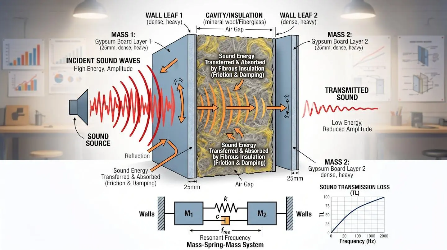 Représentation visuelle du principe masse-ressort-masse avec deux parois séparées par un isolant fibreux pour l'isolation acoustique