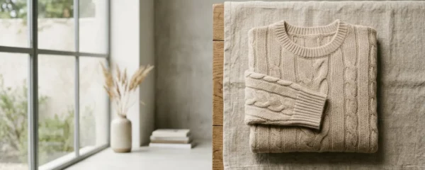 Pull en laine et soie posé à plat sur une serviette, séchage naturel