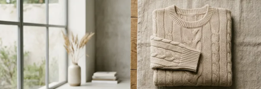 Pull en laine et soie posé à plat sur une serviette, séchage naturel