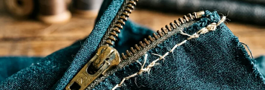 Détail macro d'une fermeture éclair métallique vintage et d'une couture anglaise sur tissu années 60