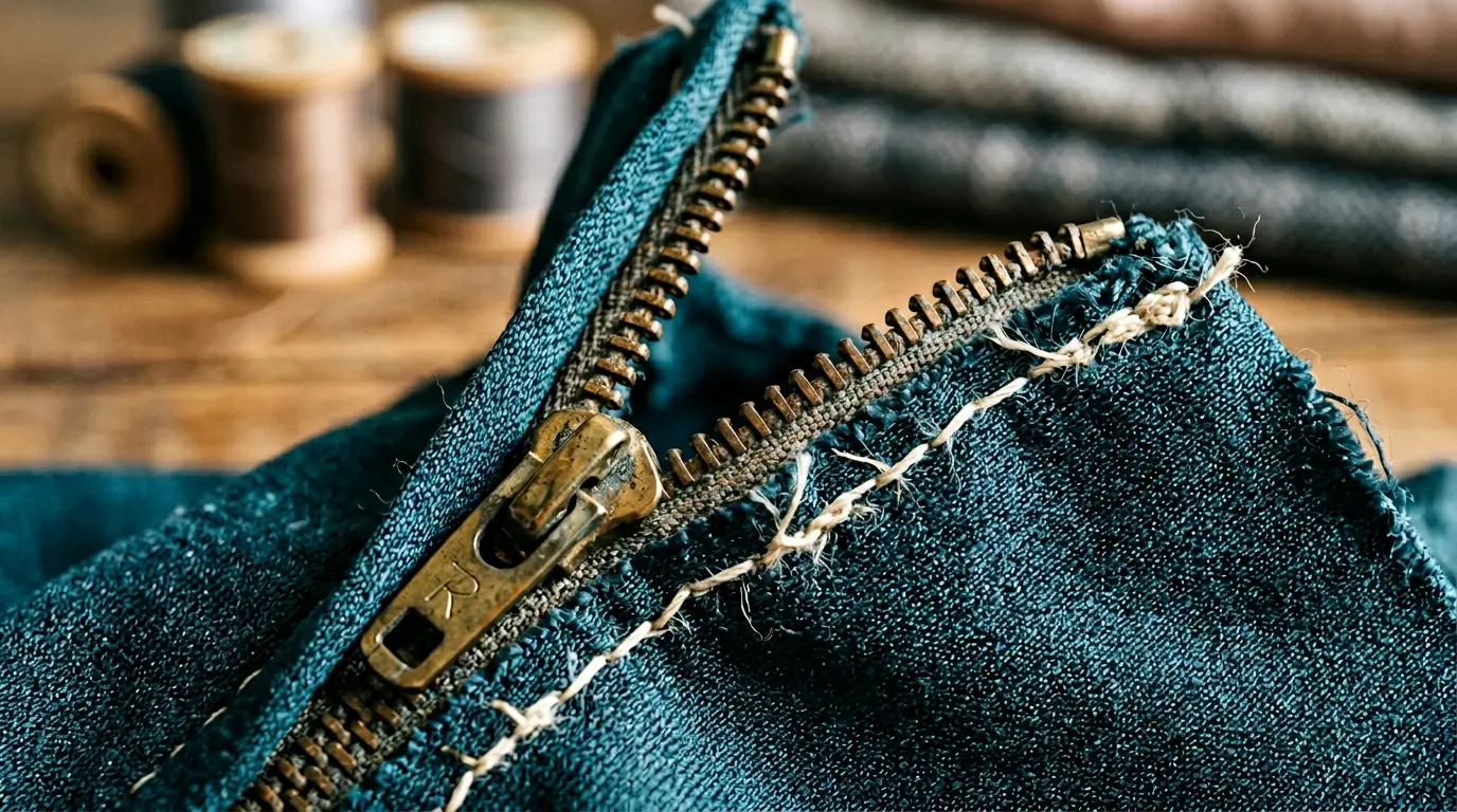 Détail macro d'une fermeture éclair métallique vintage et d'une couture anglaise sur tissu années 60