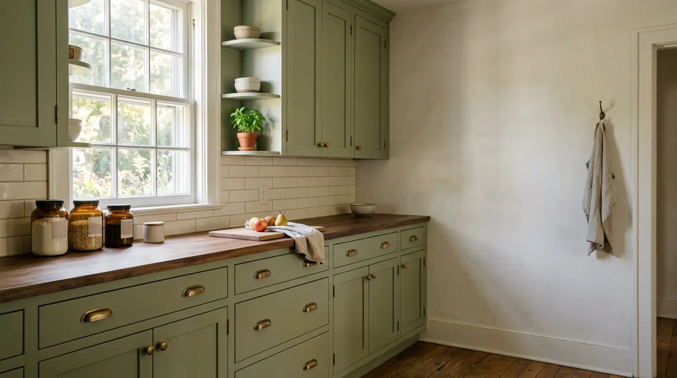Détail de cuisine ancienne rénovée avec peinture et nouvelles poignées pour moins de 200 euros