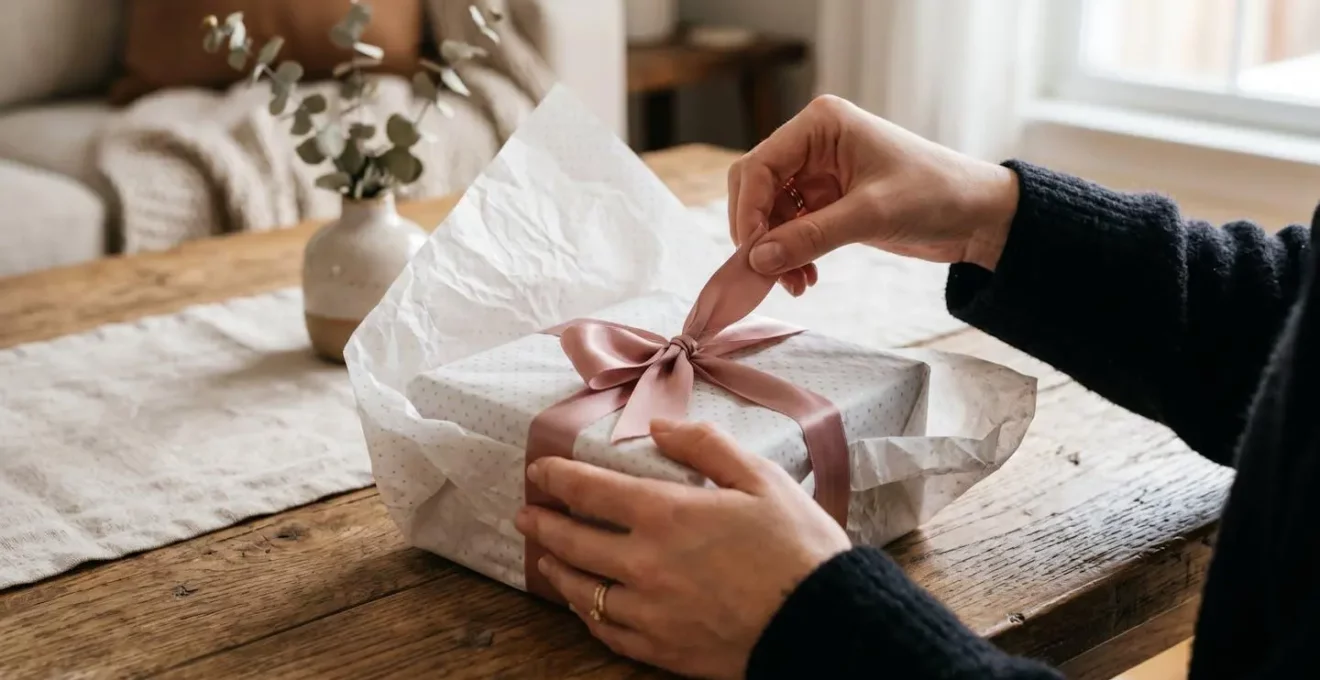 Mains déballant délicatement un cadeau enveloppé de papier de soie et ruban satiné