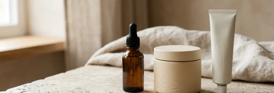 Composition minimaliste de trois produits de soin pour le visage sur fond épuré avec lumière naturelle douce