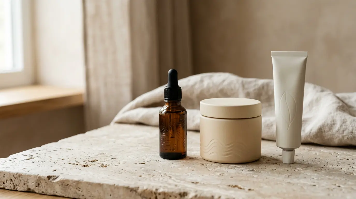 Composition minimaliste de trois produits de soin pour le visage sur fond épuré avec lumière naturelle douce