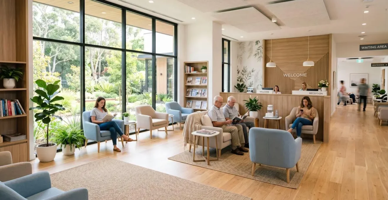 Salle d'attente moderne d'établissement de santé avec lumière naturelle et atmosphère sereine