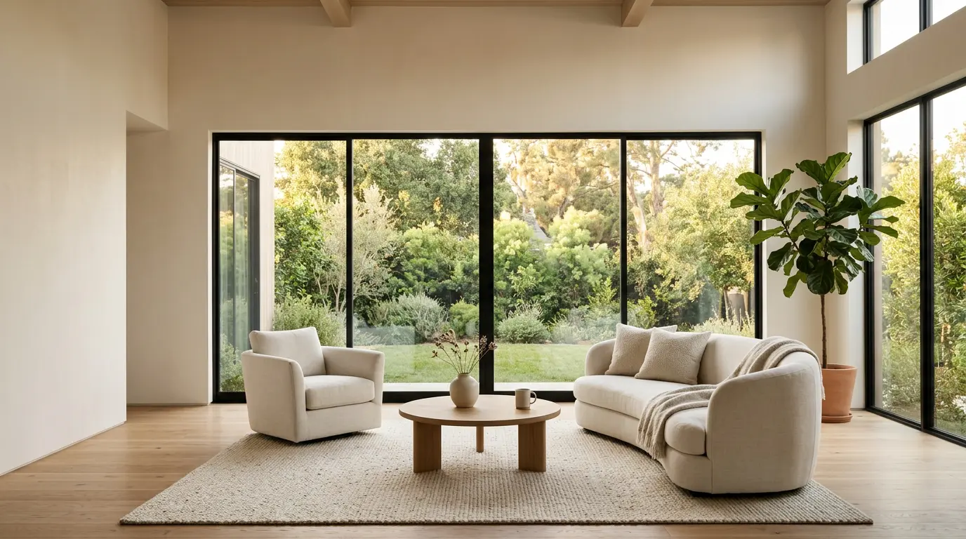 Intérieur d'un salon moderne baigné de lumière naturelle avec un agencement apaisant favorisant le bien-être mental