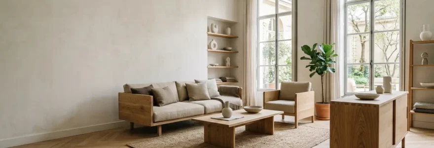 Salon contemporain français avec mobilier en bois massif artisanal et lumière naturelle