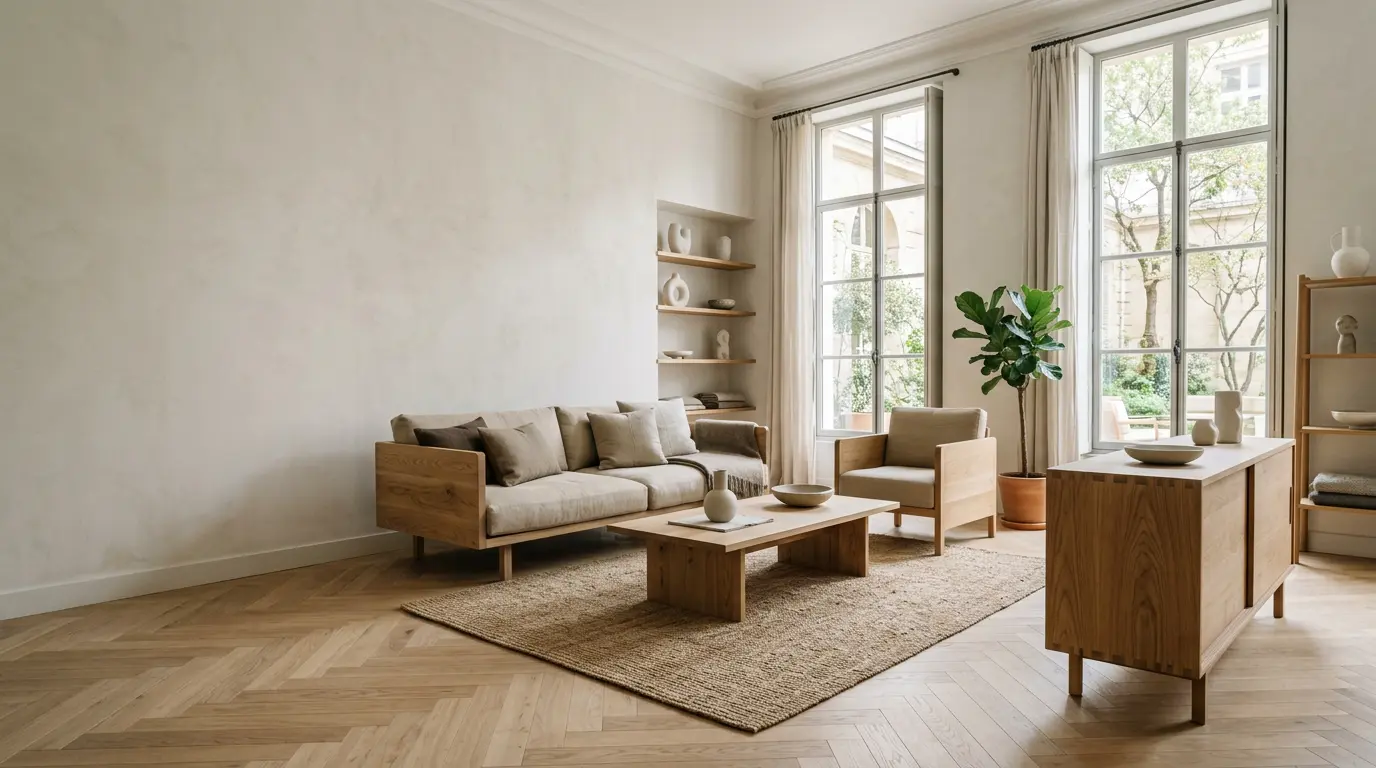 Salon contemporain français avec mobilier en bois massif artisanal et lumière naturelle