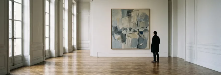 Scène contemplative dans une salle d'exposition parisienne avec éclairage naturel tamisé