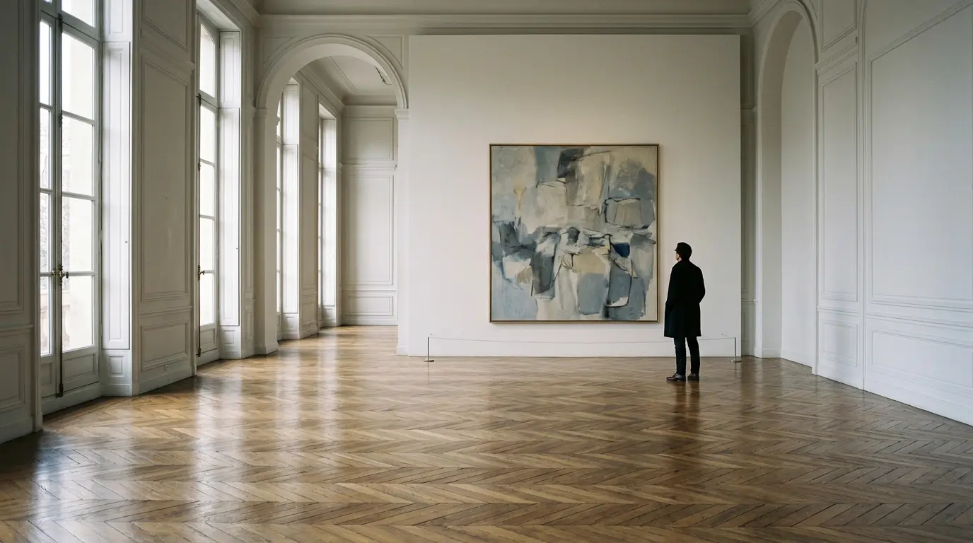 Scène contemplative dans une salle d'exposition parisienne avec éclairage naturel tamisé