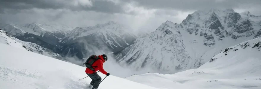 Skieur équipé d'une veste technique imperméable dans un environnement de haute montagne enneigé sous conditions de froid extrême