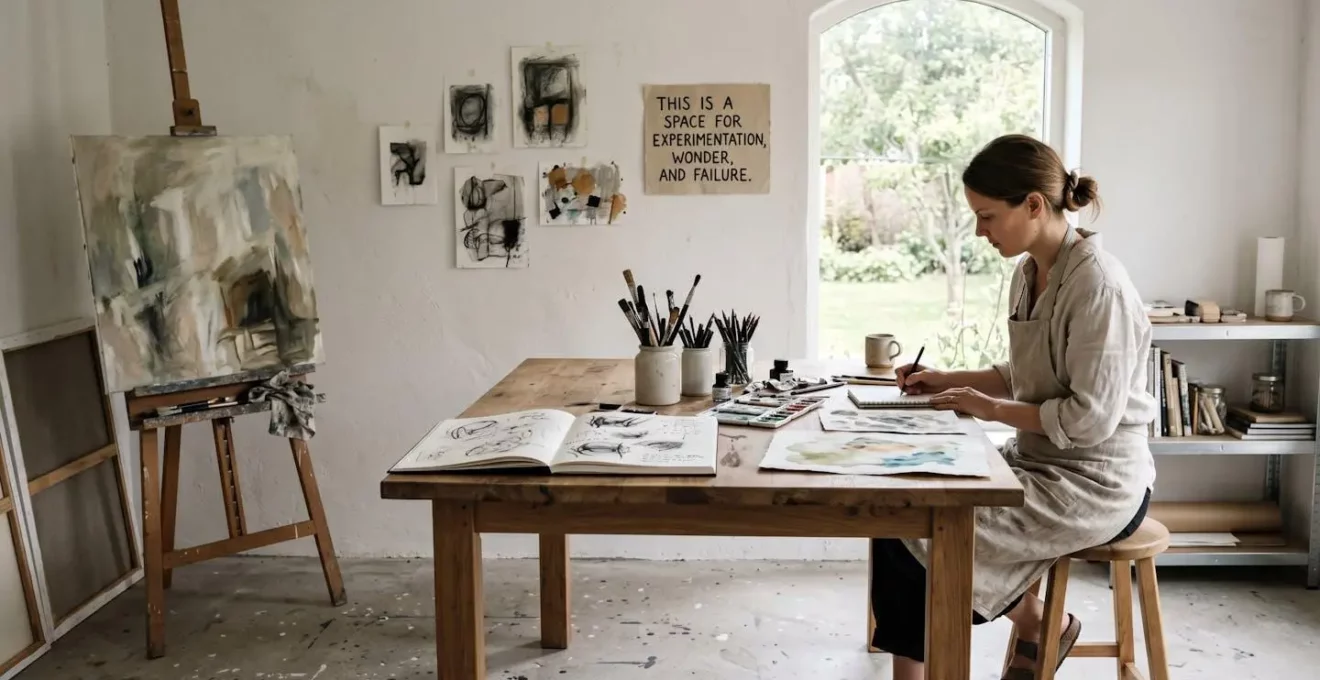 Espace créatif minimaliste évoquant l'expérimentation artistique sans jugement