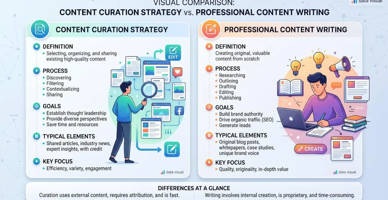 Comparaison visuelle entre stratégie de curation et rédaction de contenu professionnel
