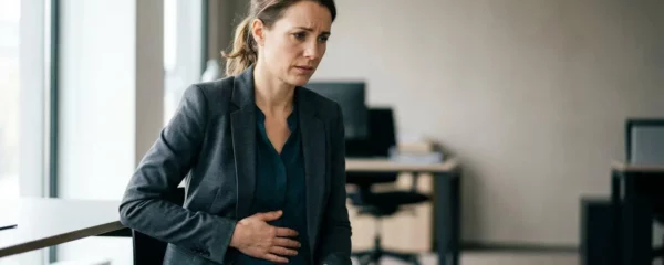 Personne tenant son estomac lors d'une tension professionnelle illustrant l'impact du stress sur la digestion
