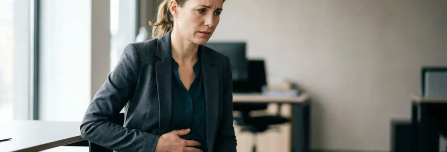 Personne tenant son estomac lors d'une tension professionnelle illustrant l'impact du stress sur la digestion