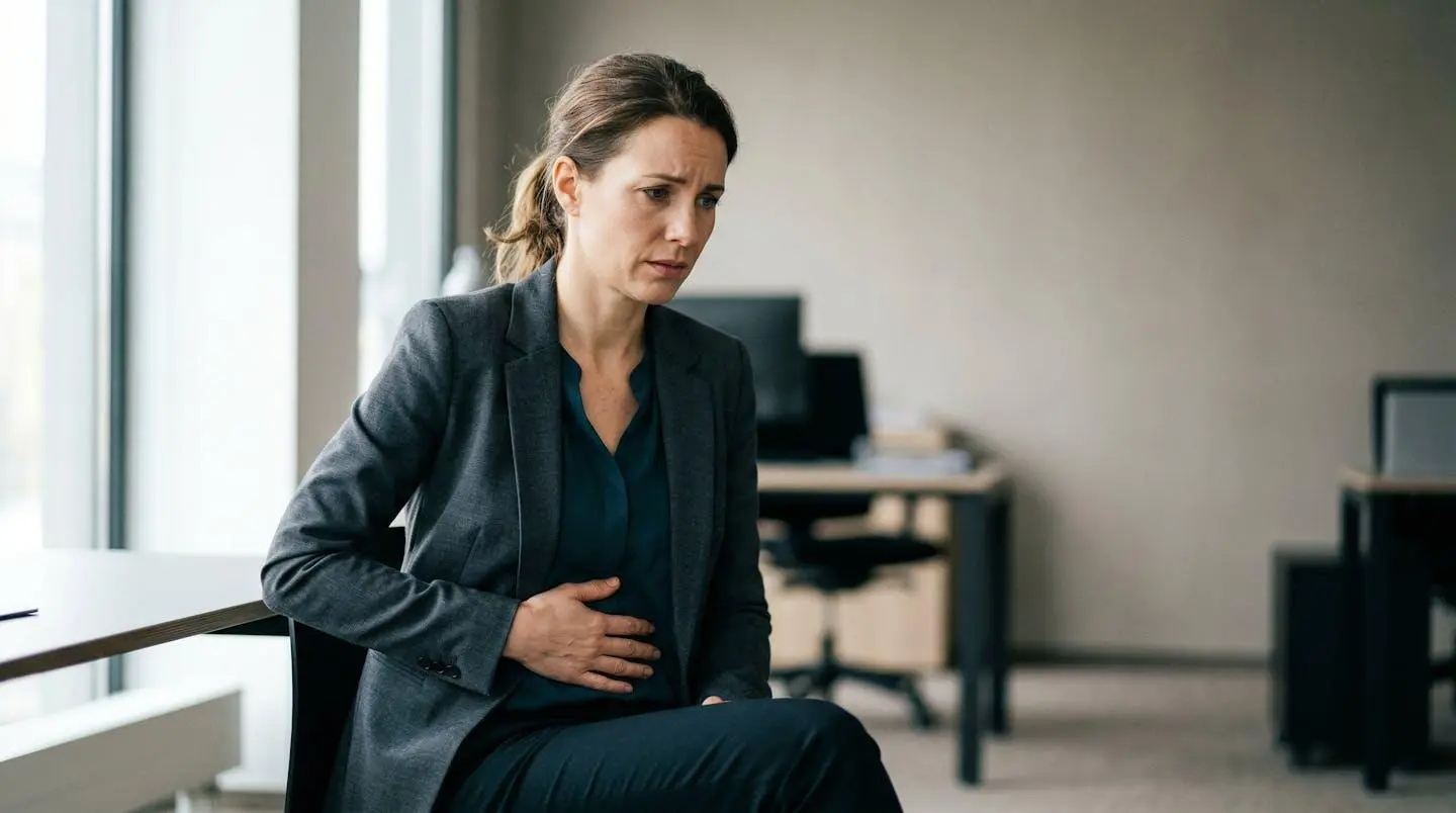 Personne tenant son estomac lors d'une tension professionnelle illustrant l'impact du stress sur la digestion