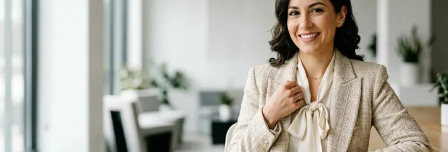 Composition éditoriale mettant en scène l'élégance néo-bourgeoise au bureau avec sophistication et modernité