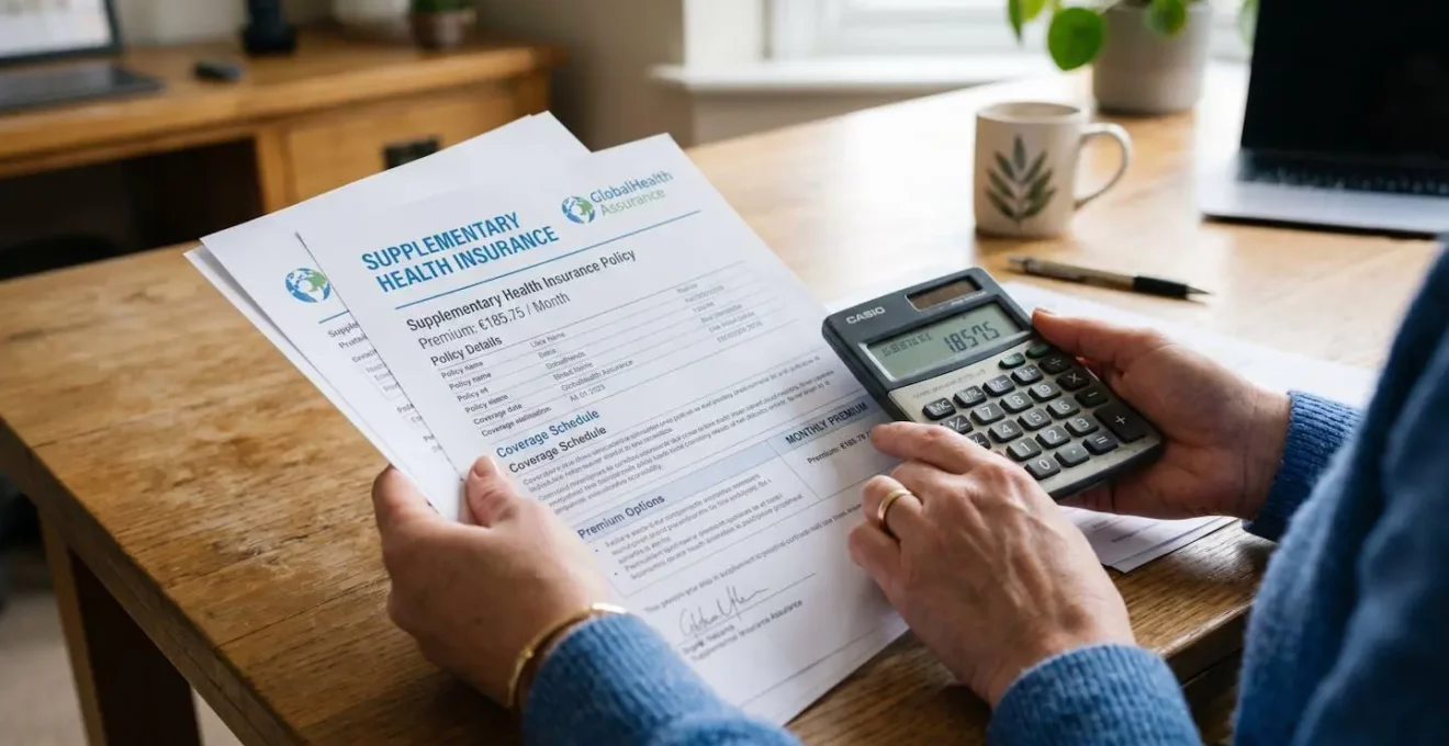 Vue en gros plan de mains tenant des documents de contrat de surcomplémentaire santé avec calculatrice